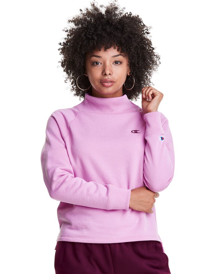 Champion Sweatshirt Dames - Roze - Powerblend Fleece Mock Neck Embroidered Logo ( 620718-RSF )